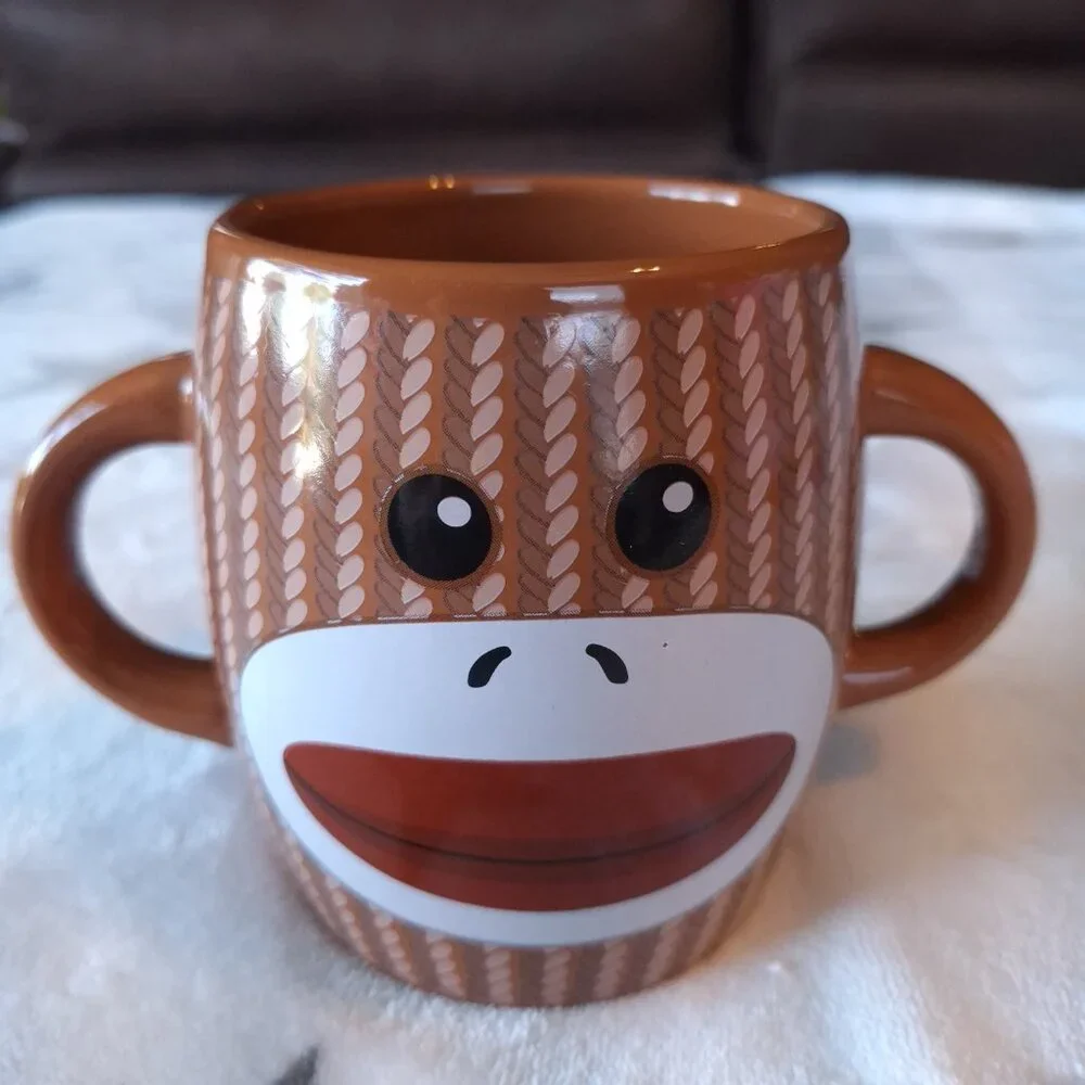 Sock Monkey Mug by Galerie -  2 Handle Coffee Cup‎ - Brown - 16oz